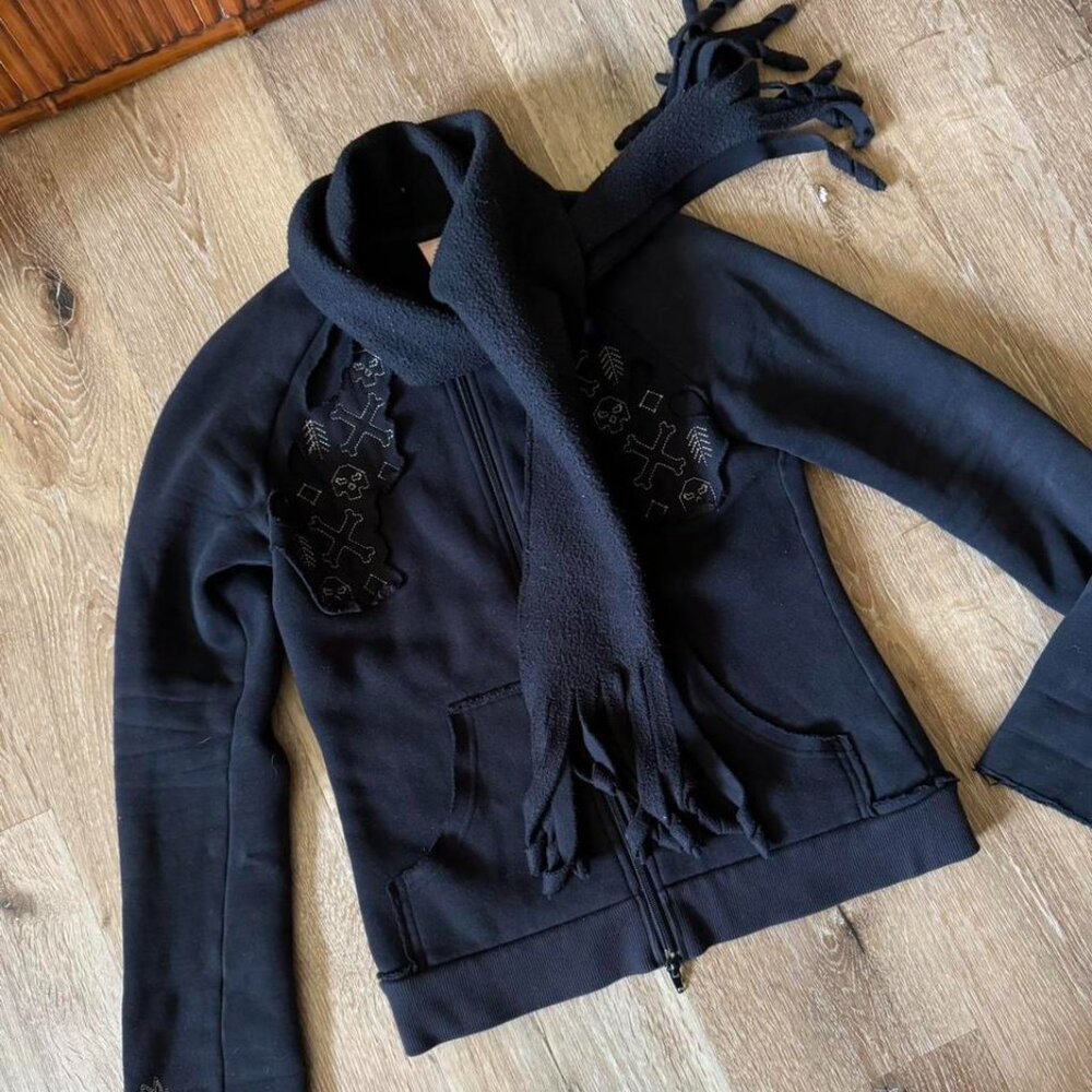 Vintage Stussy Y2K Black Zip Up Embroidered‎ Hoodie with Fringe Scarf Size S